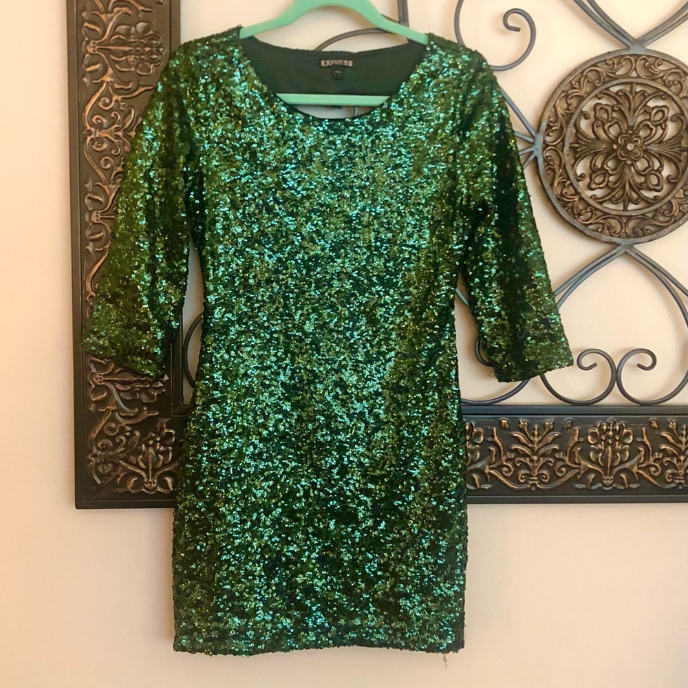 Emerald Green Express Sequined Holiday Dress Gem
